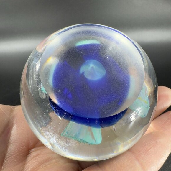 Vintage Round Paperweight Art Glass Blue Flower Figurine With Air Bubble Glass - Picture 11 of 16